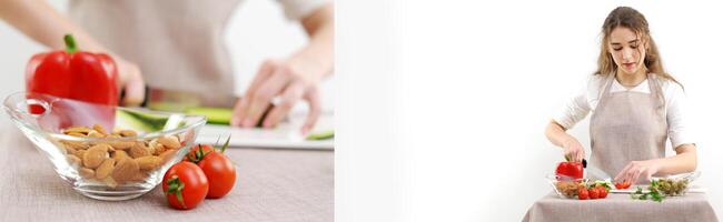 young beautiful teenage girl stirs diligently salad she leaned over bowl little smiling green lettuce leaves tablecloth beige color restaurant food cooking show delicious breakfast salad for lunch photo