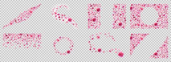 Sakura petals compositions set. Flower decoration on transparent background. Swirl, wave, side area, round, horizontal and vertical, corner. vector