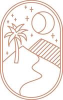 noche oasis boho logo. arena, luna, palmera, estrellas paisaje estético marrón línea icono. vector