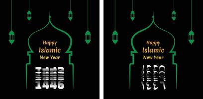 Happy Islamic New Hijri Year 1446 with Arabic number, green mosque and lantern silhouette on black background. Passing from 1445 into New Hijri Year 1446 Flip Text Effect. vector