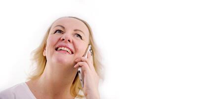 Banner Happy hispanic woman shopping online ordering delivery using smartphone app, enjoying online call virtual chatting friends on remote mobile chat recording stories for social media at home photo