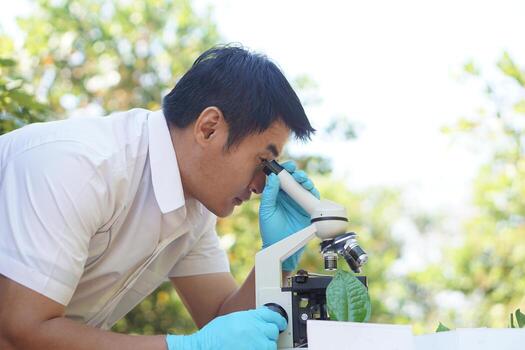 Handsome Asian man is doing science experiment by using microscope, inspect and analysis. Concept, science subject, project work. Experiment, education. Outdoor class. photo