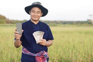 Asian man farmer is at paddy field, wears hat, holds Thai banknote money and smart phone. Concept, Agriculture occupation. Thai farmer. Profit, income. Online apps for promote product. photo