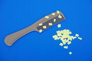 Comb and small pieces of paper. Equipment, prepared to do experiment about static electricity. Blue background. Concept, Science lesson, fun and easy experiment. Education. Teaching aids. photo