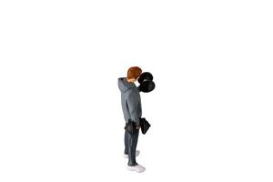 Miniature people , Young man lifting weights Isolated on white background with clipping path photo