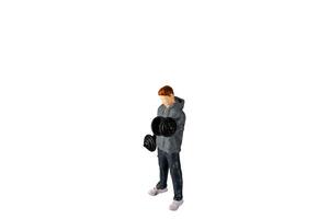 Miniature people , Young man lifting weights Isolated on white background with clipping path photo