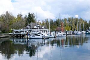 4k Beautiful harbour, port, marina, haven, sailing boats, yachts, blue water, lake, bay, trees, park, house, docks, calm, sunny day photo