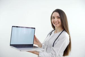 Young female scientist presents experiment result of molecular test. isolated on white photo