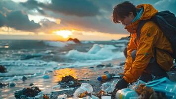 une Jeune homme recueille poubelle sur le plage. plage environnement protection concept video