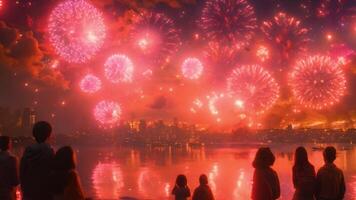 Families gathered to watch a Fourth of July fireworks display over a city skyline. video