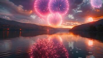 Fireworks reflecting on a lake during Independence Day celebrations in the United States. video