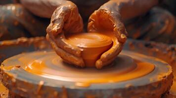 Close-up of hands shaping clay on a pottery wheel. video