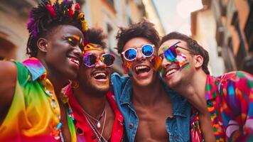 content multiracial copains gays et transgenres gens ayant amusement à un lgbt fête sur le rue, portant coloré vêtements. video