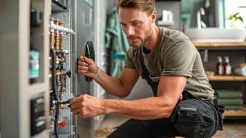 A skilled craftsman is busy installing the plumbing system of a wall mounted bathroom cabinet video