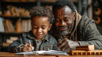 Black male father teaching his son to do his homework on the table at home video