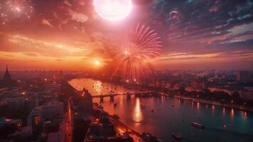 Fireworks over a city skyline on Independence Day. video