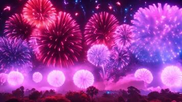 fogos de artifício explodindo dentro a noite céu sobre uma parque em independência dia. video