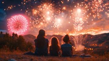 Families gathered to watch a Fourth of July fireworks display over a city skyline. video