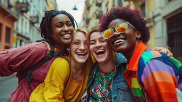 contento multirazziale amici gay e transgender persone avendo divertimento a un lgbt festa su il strada, indossare colorato Abiti. video