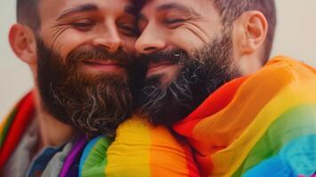 uma gay casal quem estão feliz e orgulhoso para Apoio, suporte lgbtq mostra felicidade e unidade. arco Iris cachecol video