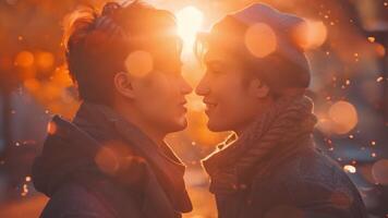 deux gay Hommes comme elles ou ils embrassé et embrassé au milieu de le l'automne paysage. là sont l'automne couleurs dans le Contexte. lgbt l'amour concept video