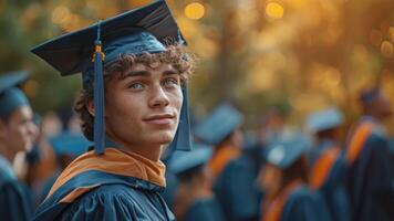 une Masculin étudiant portant une casquette et robe adresses le graduation classe. video