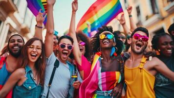 Lycklig raser vänner bögar och trans människor har roligt på ett HBTQ fest på de gata, bär färgrik kläder. video