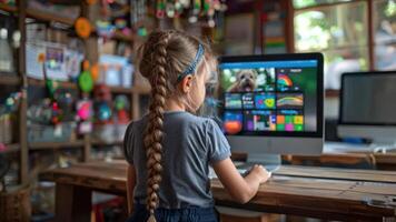 un' femmina alunno Lavorando su computer con indietro per telecamera nel elementare scuola computer aula video