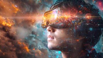 A man is wearing a virtual reality headset and looking at a colorful background. Concept of wonder and excitement as the woman immerses herself in the virtual world video