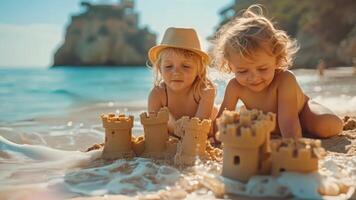 bambini edificio castelli di sabbia su il spiaggia. video