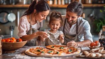 familie maken een pizza samen Bij huis. video