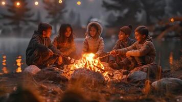 groep van vrienden roosteren marshmallows over- een kampvuur. video