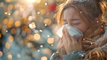 A woman sneezes into a tissue. Surrounded by cold air video