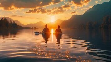 casal caiaque em uma sereno lago com montanhas dentro a fundo. video