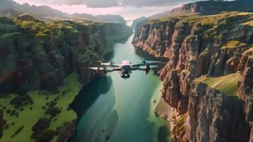 Drone capturing aerial footage over a landscape. video