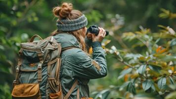 pássaro observador com binóculos dentro natureza reserva video