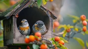 uccelli alimentazione nel un' Giardino dietro la casa casetta per gli uccelli. video