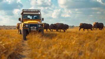 groep van vrienden rijden in een auto geschokt naar zien koeien rennen in dieren in het wild safari video