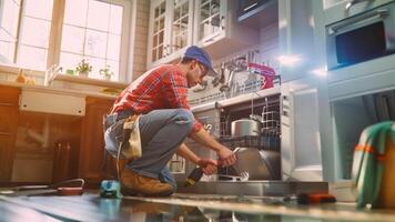 een loodgieter is repareren een lekken onder de wasbak. Mens vervelend werk kleren met uitrusting mooi keuken met modern interieur video