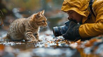 A photographer takes pictures of cats playing in the water at a stream. video