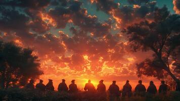 Silhouettes of graduating students sitting outdoors sunset sky video