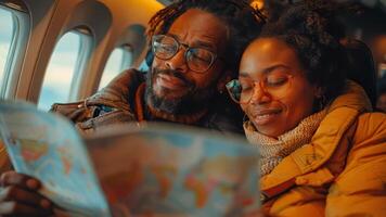 Couple reading travel insurance terms and conditions on a flight. video