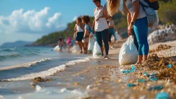 Group of people doing a clean-up at a local beach. video