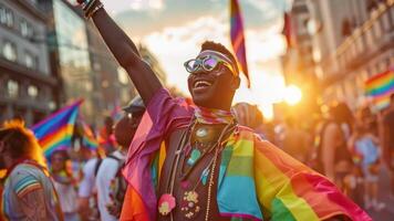 Transgender men having fun at a street LGBT parade, wearing colorful clothes. at sunset. video