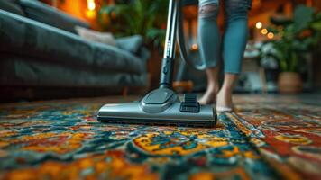 recortado ver de caucásico hembra limpiador mano participación vacío limpiador Pasar la aspiradora alfombra en cocina, vivo habitación moderno apartamentos son limpiado y desinfectado. video