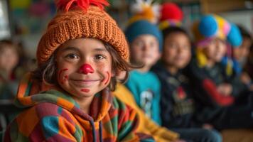 ein Gruppe von dritte Klasse Studenten sind Sitzung im ein Klassenzimmer. und einer von Sie war gekleidet wie ein süß Clown. video