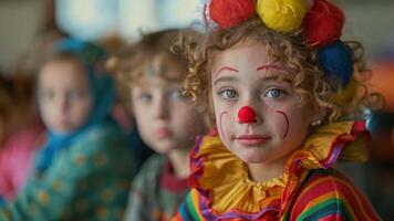 une groupe de troisième classe élèves sont séance dans une Salle de classe. et un de leur a été habillé comme une mignonne clown. video