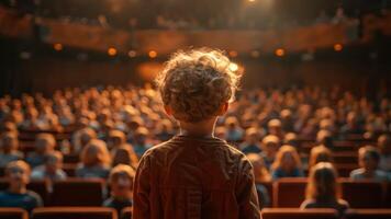 un diez año antiguo niño visto desde detrás en un etapa mientras él o ella es entretenido un multitud. el personas en el multitud son crecido UPS y ellos son riendo un lote video