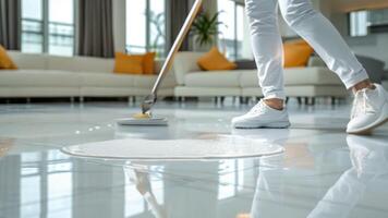 A Woman cleaning in a modern apartment with neat decorations mainly in white. video