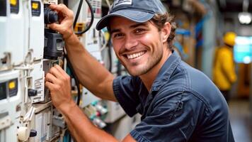 een elektricien was controle de elektrisch systeem in de controle doos, glimlachen lichtelijk. video